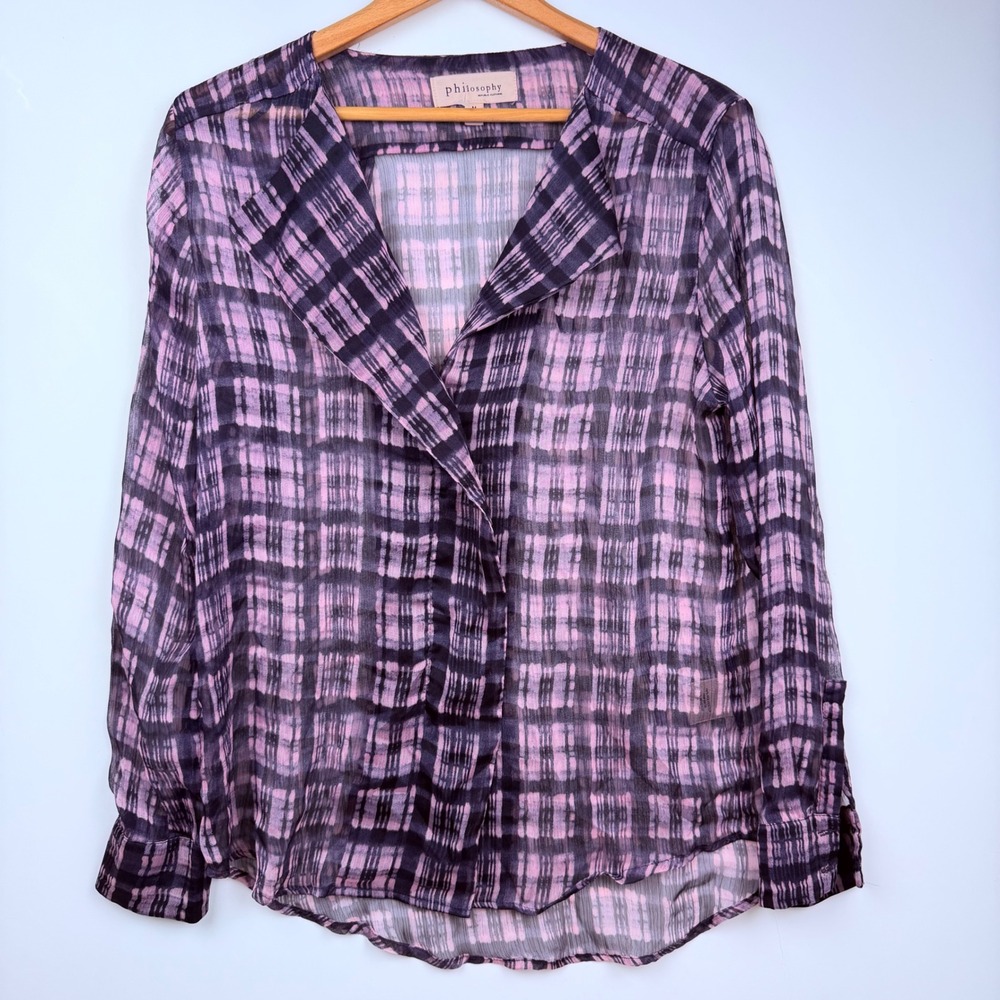 Philosophy Republic Clothing Pink Plaid Loose Fit Layering Sheer Blouse Medium